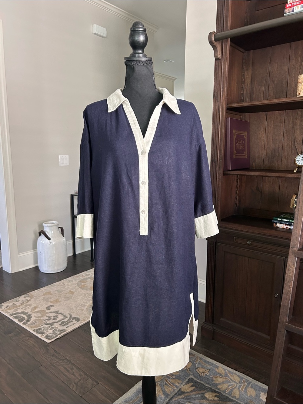 Cynthia Rowley navy blue and cream contrast linen-blend popover dress